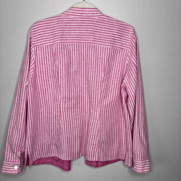 Chicos Reversible Linen Jacket Size 2/12-14 Pink White Striped Snap Classic - Picture 7 of 13
